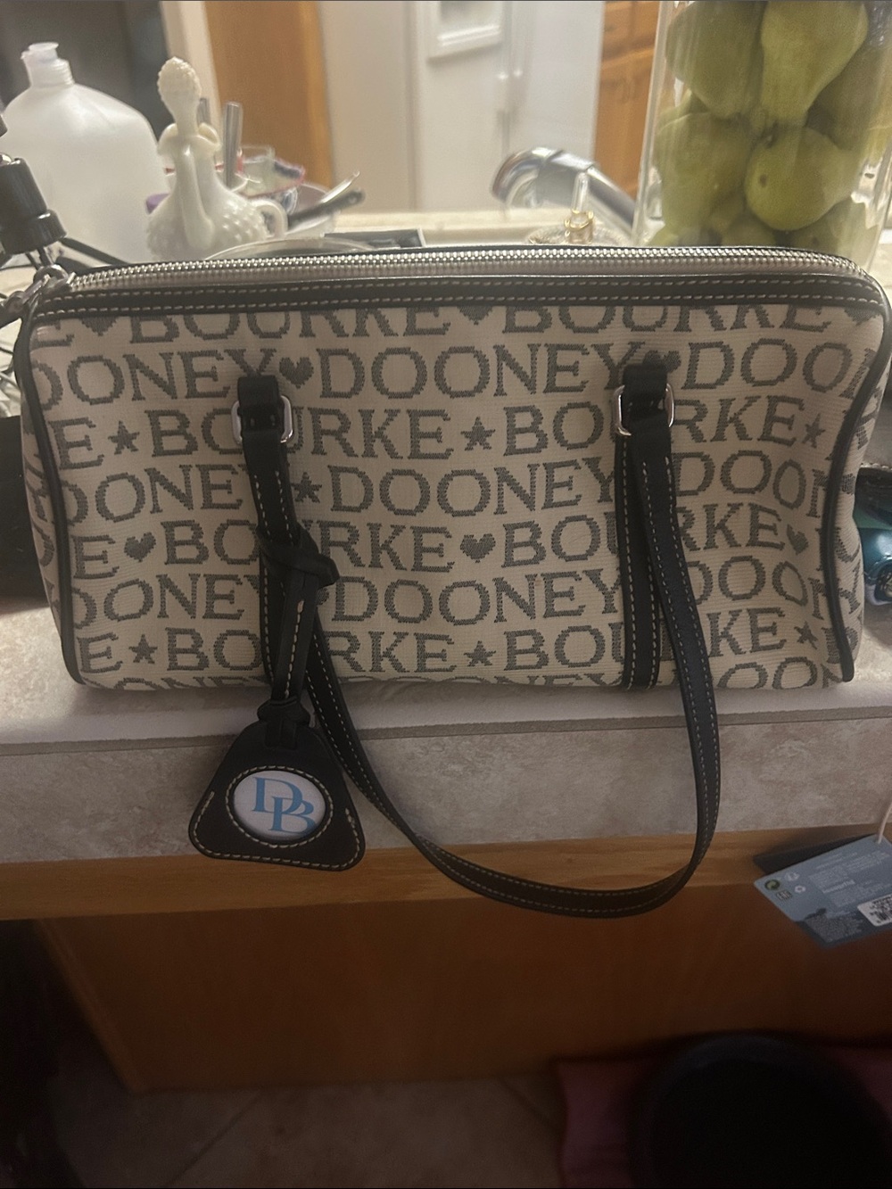 Dooney & Bourke Beige Logo Canvas Tote with Black Trim VGUC